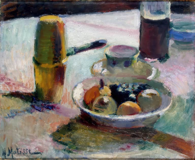 Kunstdruck des Gemäldes „Früchte und Kaffeekanne“ von Henri Matisse – hochwertiger Kunstdruck, erhältlich als Poster oder auf Leinwand.