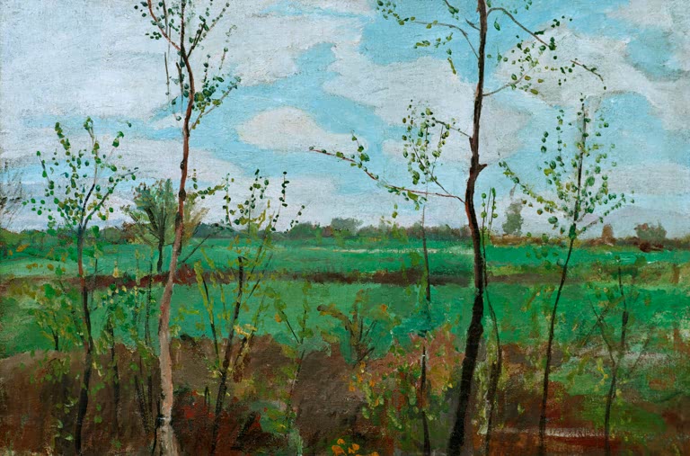 Kunstdruck von „Frühlingslandschaft“ von Paula Modersohn-Becker. Ausdrucksstarke Landschaftsdarstellung mit frühlingshafter Atmosphäre, in Deutschland handgefertigt.