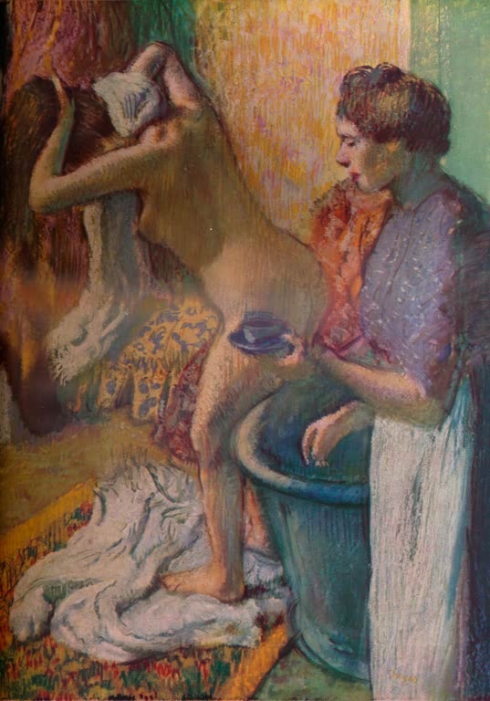 Kunstdruck des Gemäldes Frühstück nach dem Bad von Edgar Degas mit einer Frau nach dem Baden in einer häuslichen Alltagsszene.