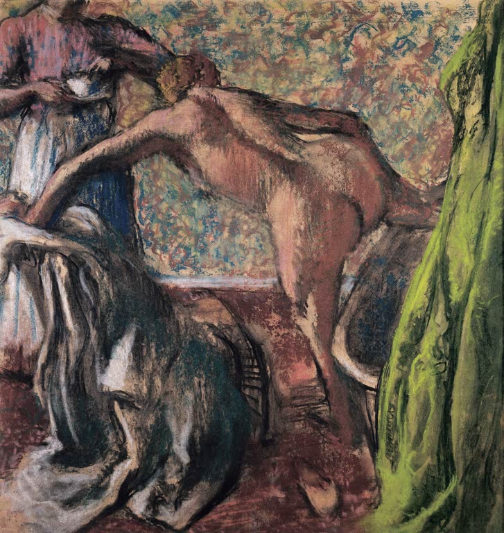 Kunstdruck des Gemäldes Frühstück nach dem Bad von Edgar Degas mit einer Frau nach dem Baden in einer häuslichen Szene.