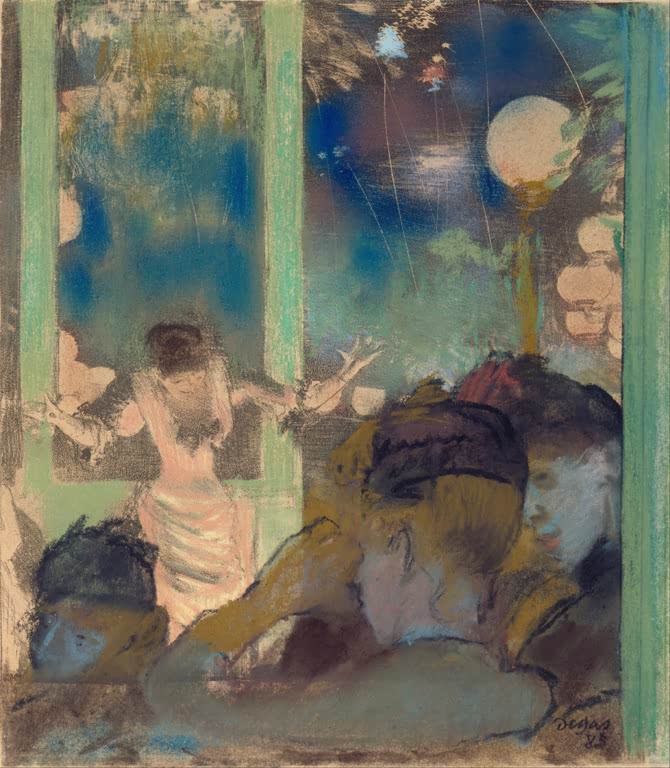 Kunstdruck des Gemäldes Fräulein Bécat im Café des Ambassadeurs von Edgar Degas mit der Sängerin Mademoiselle Bécat in einem Pariser Café.