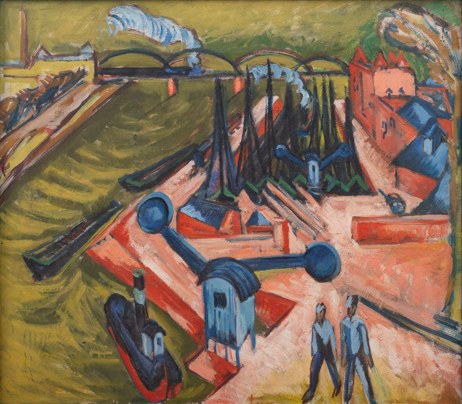 „Frankfurter Westhafen“ von Ernst Ludwig Kirchner – Expressionistisches Gemälde mit leuchtenden Farben und dynamischer Darstellung des Hafens, mit Schiffen, Kränen und urbaner Szenerie.
