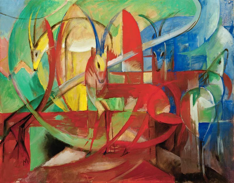 „Gazellen“ von Franz Marc als hochwertiger Kunstdruck – expressionistische Tierdarstellung in leuchtenden Farben, erhältlich als Leinwand oder Poster, handgefertigt in Deutschland