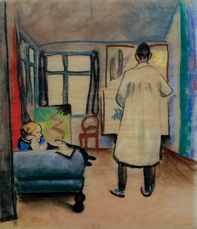 Kunstdruck des Gemäldes „Franz und Maria Marc im Atelier bei August Macke in Bonn“ von August Macke. Hochwertig in Deutschland von Hand gefertigt, erhältlich als Leinwand oder Poster und optional gerahmt.