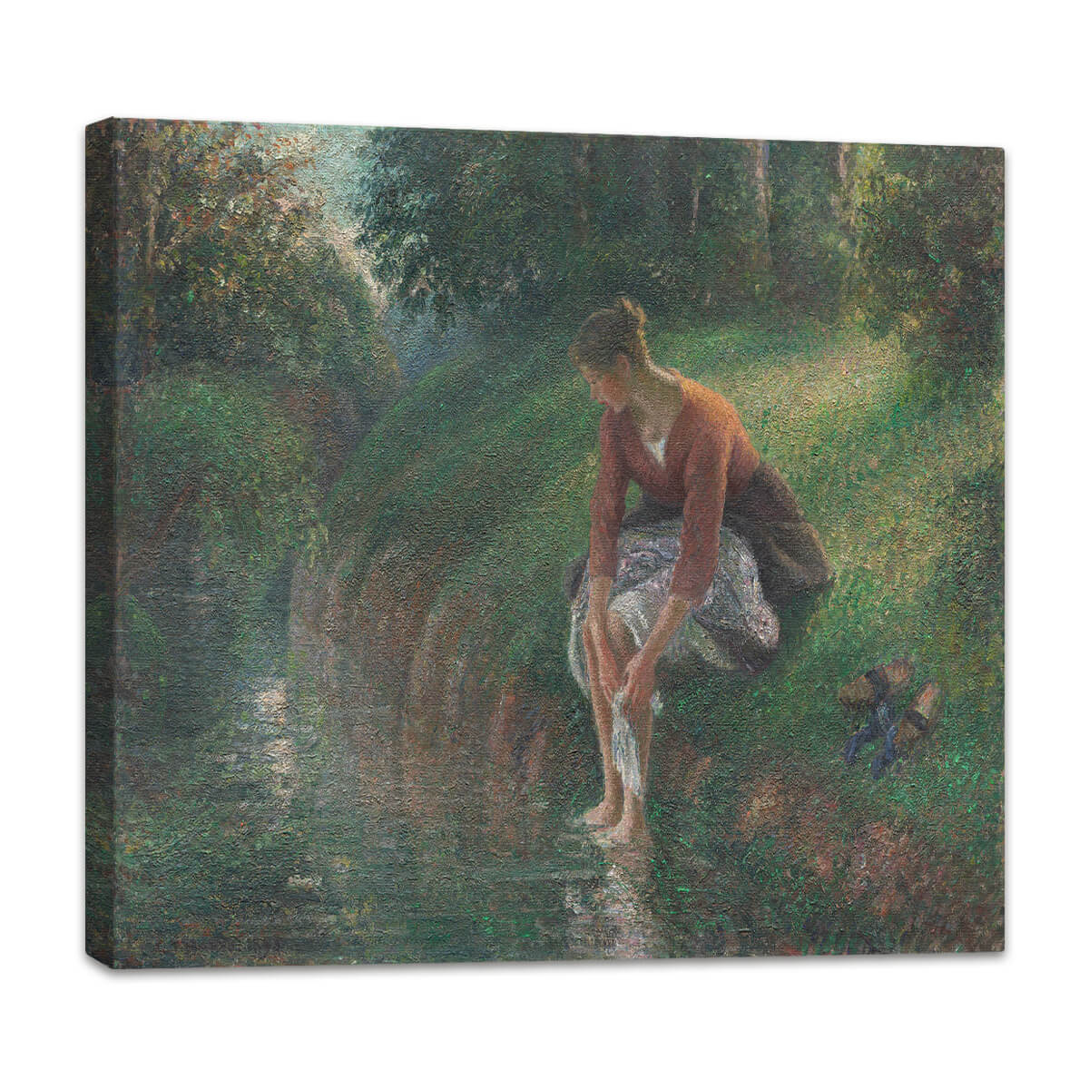 Frau, die ihre Füße in einem Bach badet | Camille Pissarro