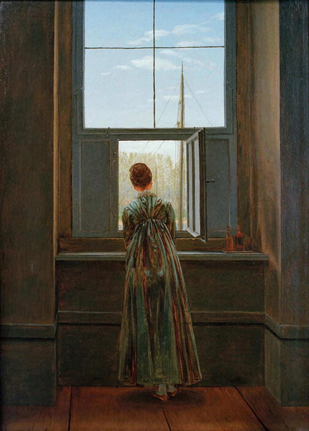 Kunstreproduktion von Caspar David Friedrichs „Frau am Fenster“ – Frau blickt aus einem hellen Raum durch ein Fenster ins Freie.