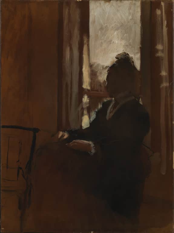 Kunstdruck des Gemäldes Frau am Fenster von Edgar Degas mit der Darstellung einer Frau an einem Fenster.