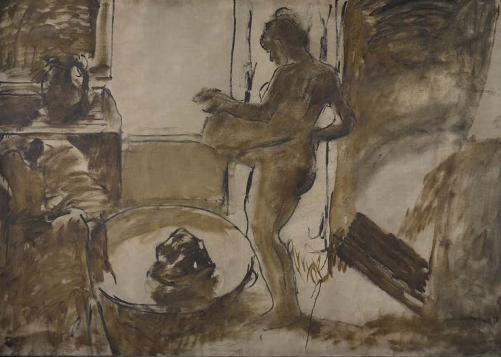 Kunstdruck des Gemäldes Frau am Zuber von Edgar Degas mit einer Frau in einer Badeszene an einem Waschzuber.