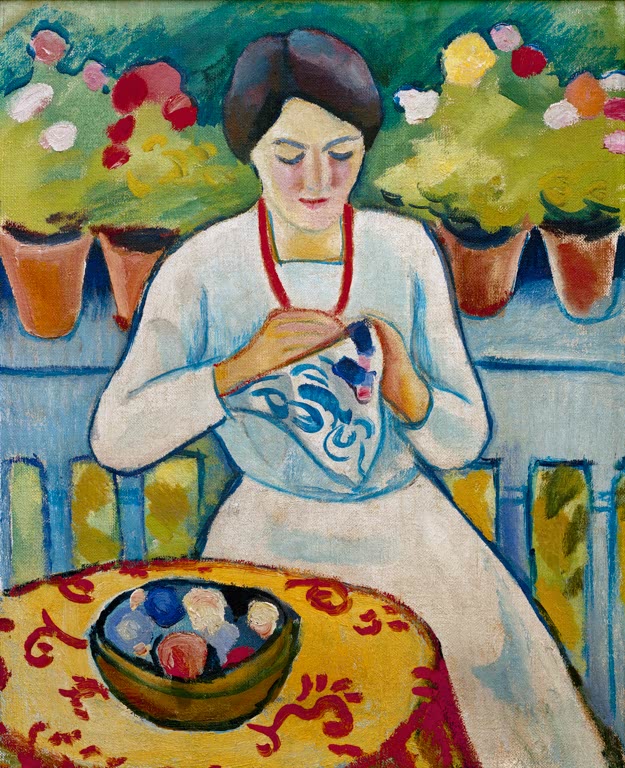 Kunstdruck des Gemäldes „Frau auf Balkon“ von August Macke. Hochwertig in Deutschland von Hand gefertigt, erhältlich als Poster oder Leinwand und optional gerahmt.