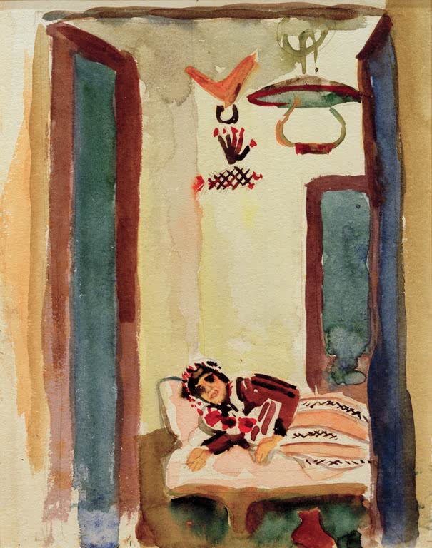 Kunstdruck des Gemäldes „Frau auf Ruhebett“ von August Macke. Hochwertig in Deutschland von Hand gefertigt, erhältlich als Poster oder Leinwand und optional gerahmt.