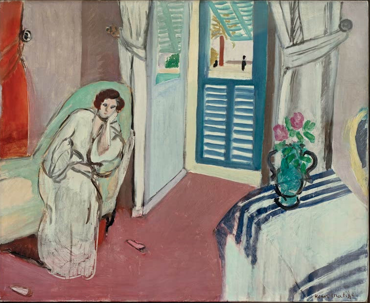 Kunstdruck des Gemäldes „Frau auf einem Divan“ von Henri Matisse, handgefertigt in Deutschland, erhältlich als Leinwand oder Poster und auf Wunsch gerahmt.