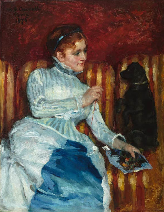 Kunstdruck „Frau auf einem gestreiften Sofa mit Hund“ von Mary Cassatt – elegantes Gemälde als handgefertigter Kunstdruck aus Deutschland