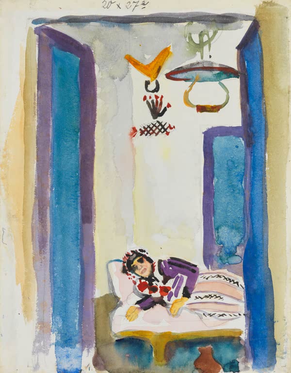 Kunstdruck des Gemäldes „Frau auf einer Ottomane“ von August Macke. Hochwertig in Deutschland von Hand gefertigt, erhältlich als Leinwand oder Poster und optional gerahmt.