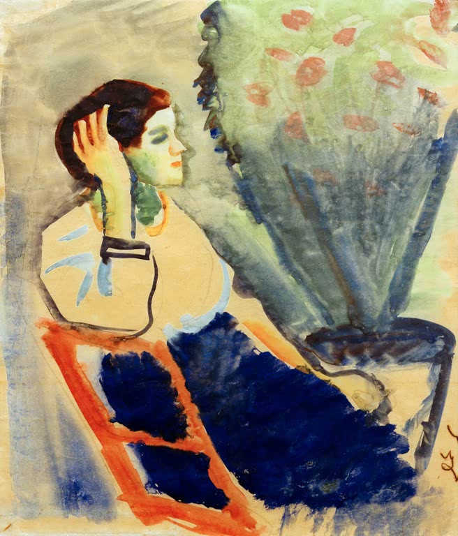 Kunstdruck des Gemäldes „Frau auf rotem Stuhl“ von August Macke. Hochwertig in Deutschland von Hand gefertigt, erhältlich als Poster oder Leinwand und optional gerahmt.