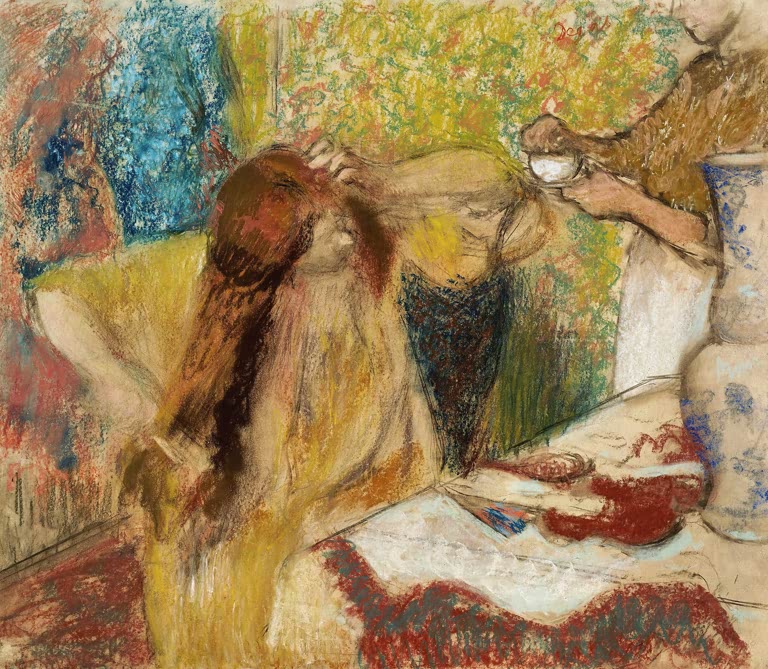 Kunstdruck des Gemäldes Frau bei der Toilette von Edgar Degas mit einer Frau bei der Körperpflege in einer privaten Szene.