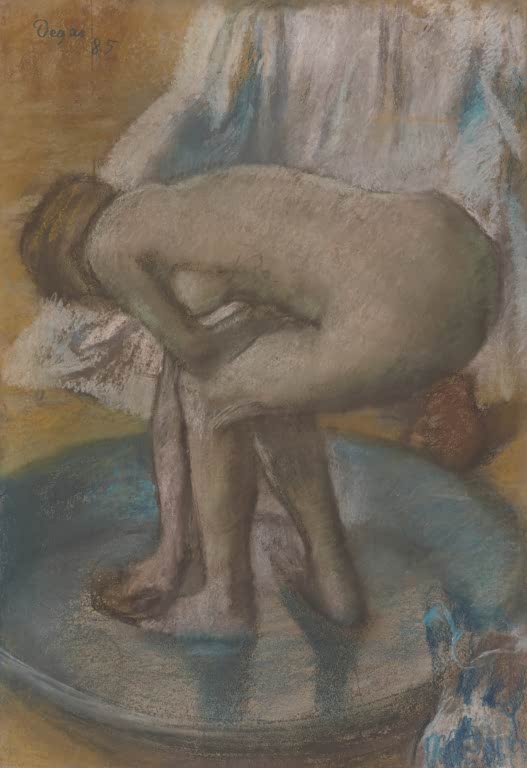 Kunstdruck des Gemäldes Frau beim Baden in einer flachen Wanne von Edgar Degas mit einer Frau in einer flachen Badewanne.