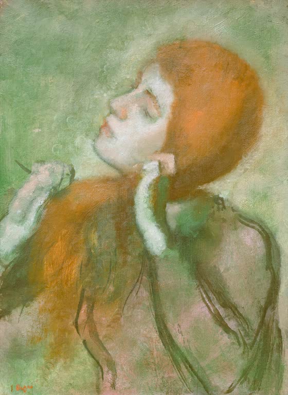 Kunstdruck von Frau beim Kämmen von Edgar Degas mit einer intimen Alltagsszene einer Frau beim Frisieren im impressionistischen Stil.