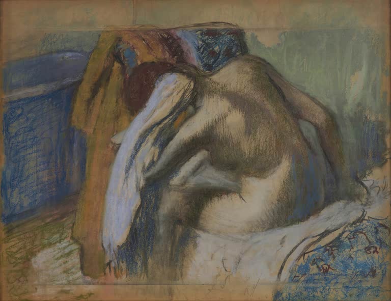 Kunstdruck des Gemäldes Frau beim Trocknen ihrer Haare von Edgar Degas mit einer Frau, die nach dem Baden ihre Haare trocknet.