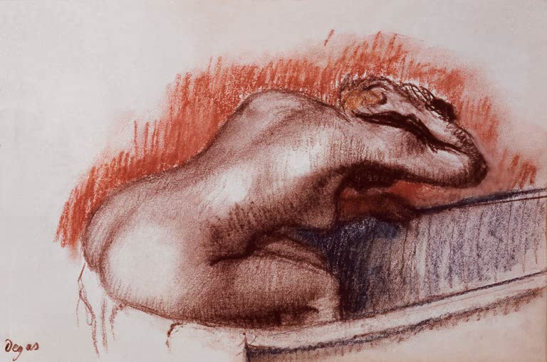 Kunstdruck des Gemäldes Frau beim Waschen in der Badewanne von Edgar Degas mit einer Frau in einer intimen Badeszene.