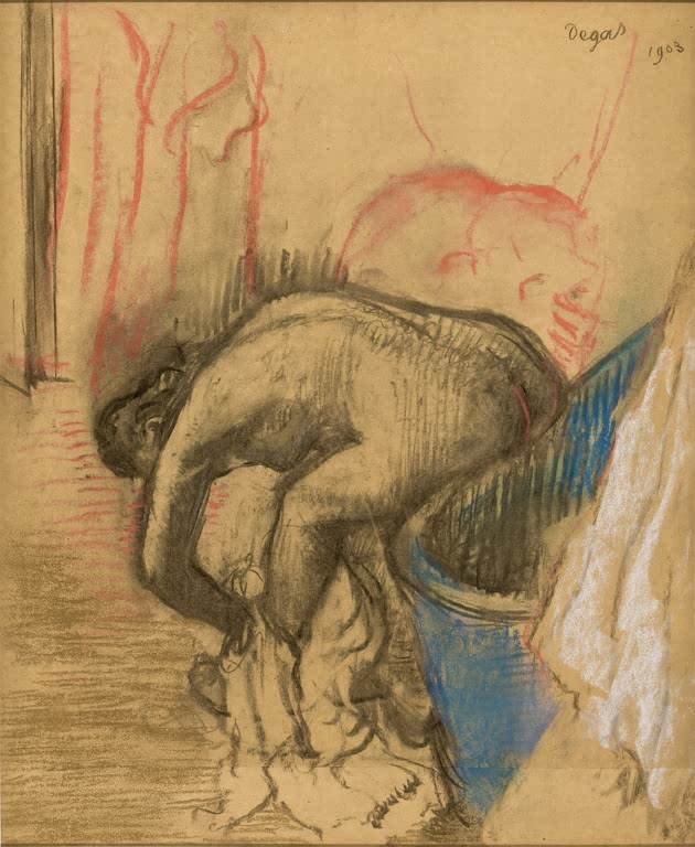 Kunstdruck des Gemäldes Frau, die ihr linkes Bein trocknet von Edgar Degas mit einer Frau, die sich nach dem Baden ihr Bein abtrocknet.