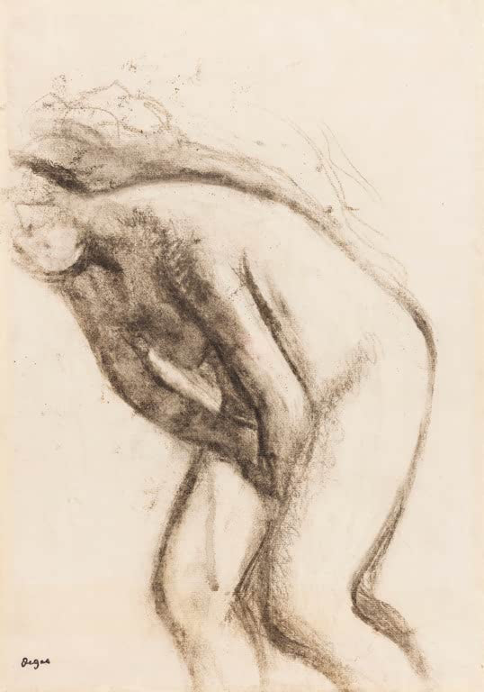 Kunstdruck des Gemäldes Frau, die sich abtrocknet von Edgar Degas mit einer Frau nach dem Baden beim Abtrocknen.