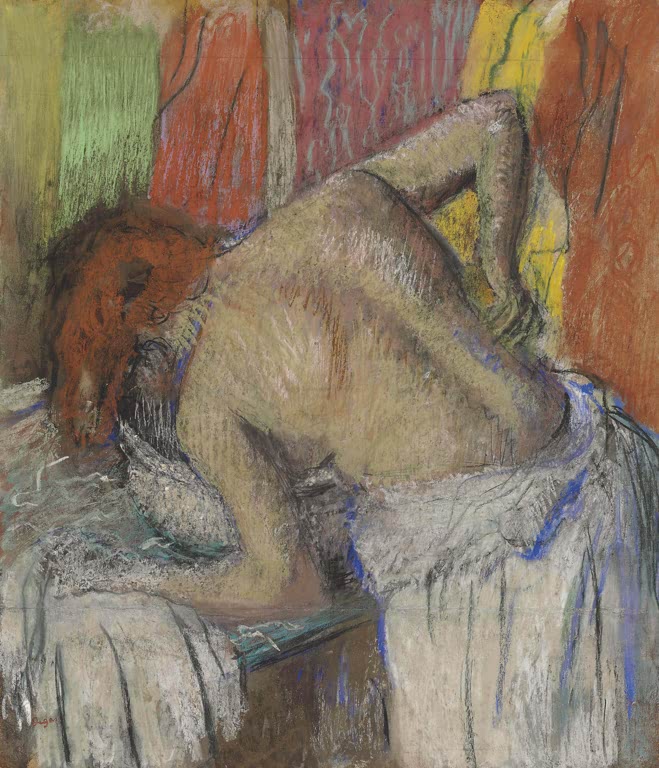 Kunstdruck des Gemäldes Frau, die sich den Rücken abtrocknet von Edgar Degas mit einer Frau, die sich nach dem Baden den Rücken abtrocknet.