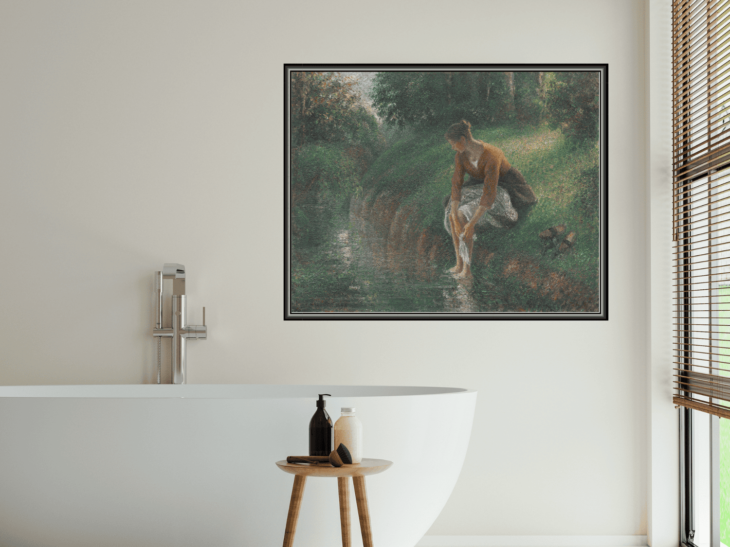 Frau, die ihre Füße in einem Bach badet | Camille Pissarro
