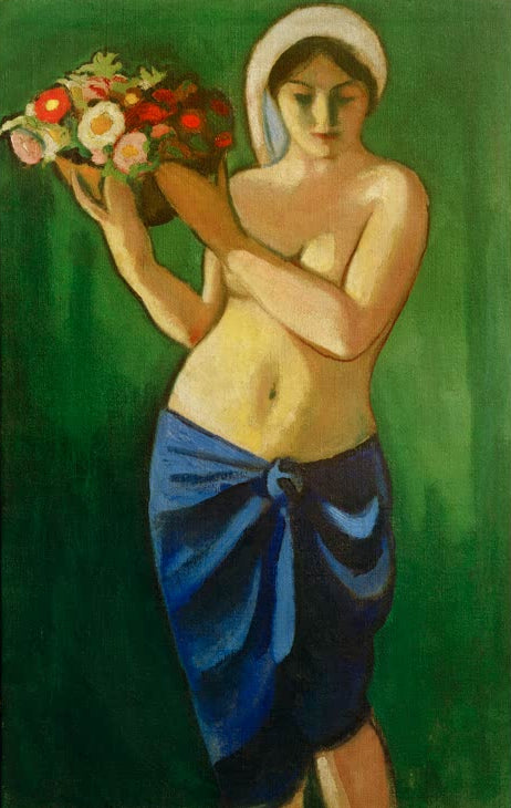 Kunstdruck des Gemäldes „Frau, eine Blumenschale tragend“ von August Macke. Hochwertig in Deutschland von Hand gefertigt, erhältlich als Poster oder Leinwand und optional gerahmt.