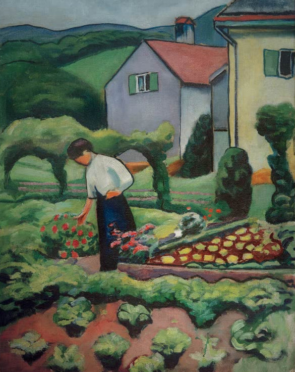 Kunstdruck des Gemäldes „Frau im Garten“ von August Macke. Hochwertig in Deutschland von Hand gefertigt, erhältlich als Leinwand oder Poster und optional gerahmt.