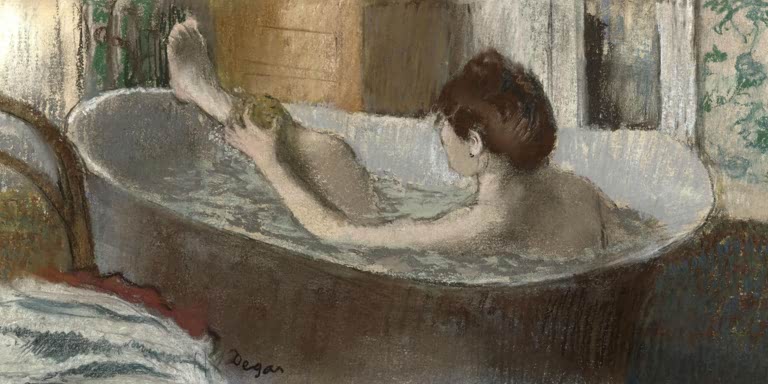 Kunstdruck des Gemäldes Frau in der Badewanne, die sich das Bein abtupft von Edgar Degas mit einer Frau beim Baden und Abtrocknen ihres Beins.