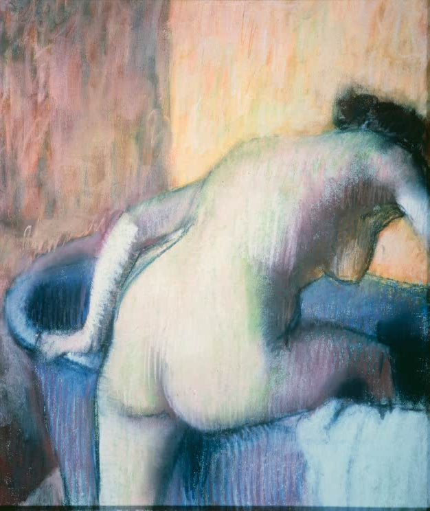 Kunstdruck von Frau, in eine Badewanne steigend von Edgar Degas mit einer intimen Badeszene und der charakteristischen Darstellung von Bewegung.