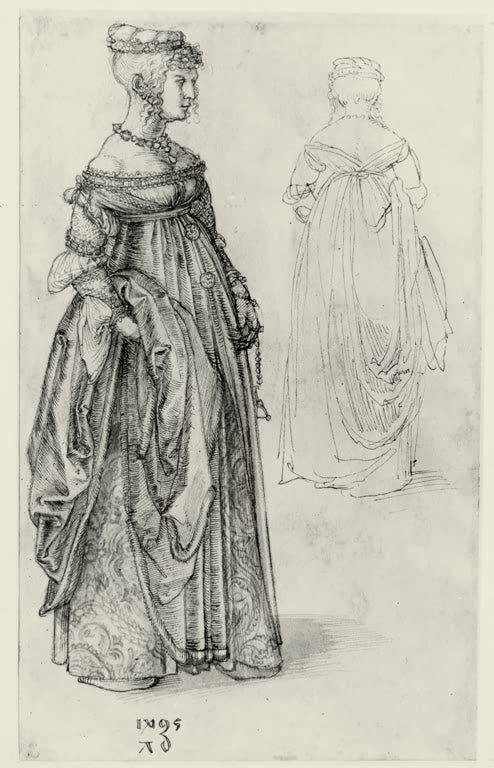 Kunstdruck von „Frau in venezianischem Kostüm, daneben dasselbe Kostüm von rückwärts“ von Albrecht Dürer. Detailreiche Trachtenstudie der Renaissance, in Deutschland handgefertigt.
