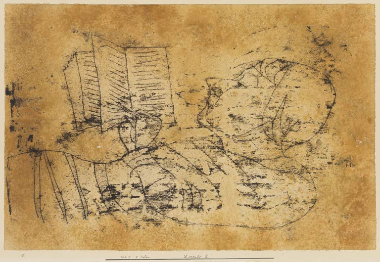Kunstdruck von „Frau lesend“ von Paul Klee mit stilisierter Figurendarstellung und charakteristischer abstrakter Linienführung.