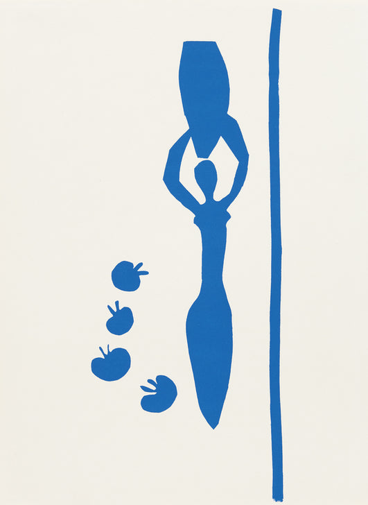 Scherenschnitt "Frau mit Amphore und Granatäpfeln" von Henri Matisse, 1952: Blaue weibliche Figur mit Amphore und Granatäpfeln auf hellem Hintergrund.