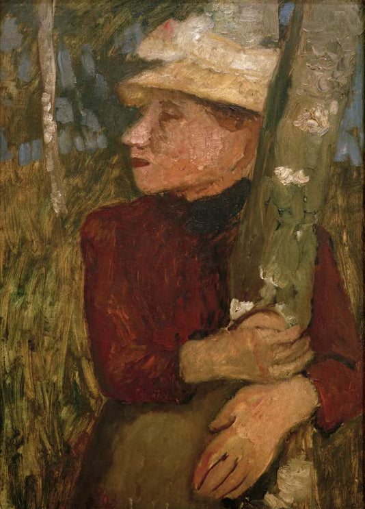 Kunstdruck von Frau mit Strohhut zwischen Birken von Paula Modersohn-Becker – stimmungsvolle Figurenszene in der Natur als hochwertiger Kunstdruck.