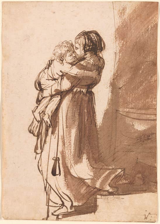 Kunstdruck „Frau mit einem Kind die Treppe hinabsteigend“ von Rembrandt van Rijn
