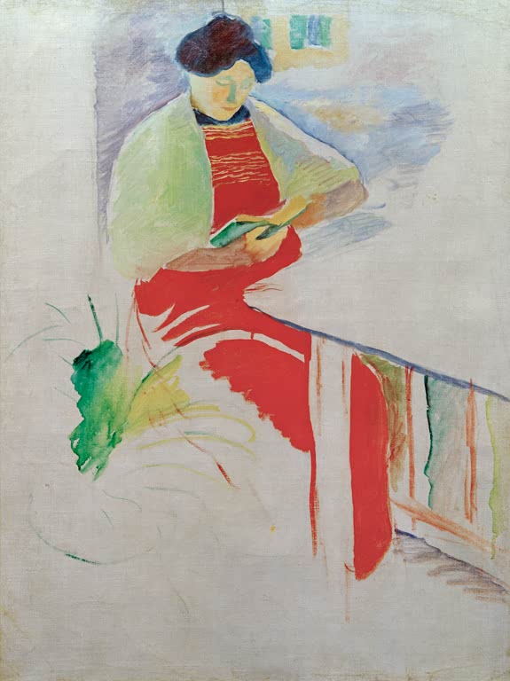 Kunstdruck des Gemäldes „Frau mit roter Schürze auf Balkon (Elisabeth)“ von August Macke. Hochwertig in Deutschland von Hand gefertigt, erhältlich als Poster oder Leinwand und optional gerahmt.