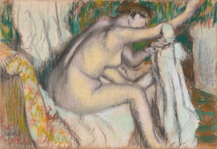 Kunstdruck von „Frau trocknet ihren Arm“ von Edgar Degas, handgefertigt in Deutschland als Leinwand oder Poster erhältlich