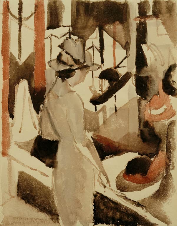 Kunstdruck des Gemäldes „Frau vor Hutladen“ von August Macke. Hochwertig in Deutschland von Hand gefertigt, erhältlich als Leinwand oder Poster und optional gerahmt.