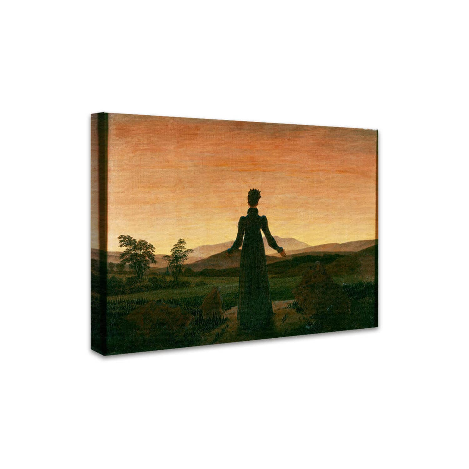 Frau vor der untergehenden Sonne von Caspar David Friedrich perspektivisch auf Leinwand gespannt
