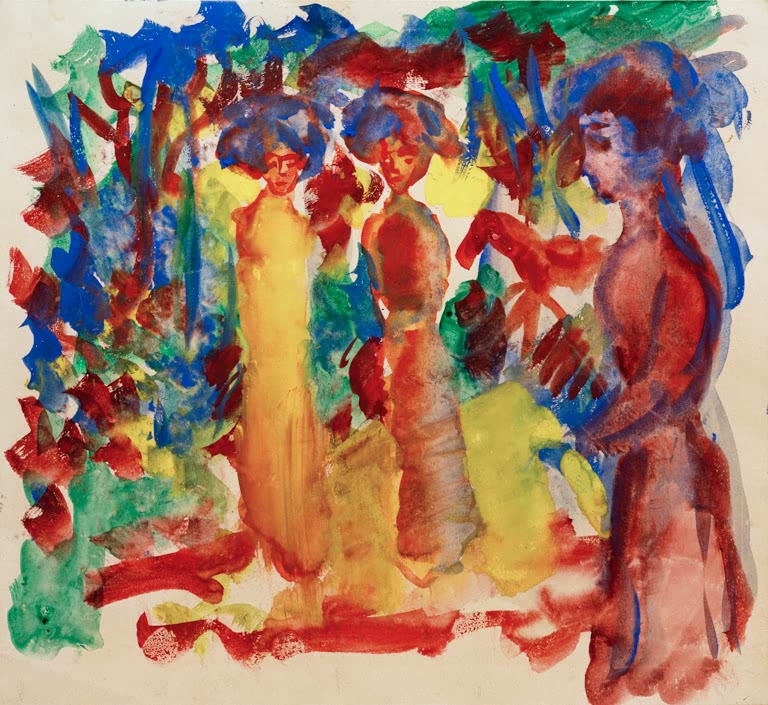 Kunstdruck des Gemäldes „Frauen beim Spaziergang“ von August Macke. Hochwertig in Deutschland von Hand gefertigt, erhältlich als Poster oder Leinwand und optional gerahmt.