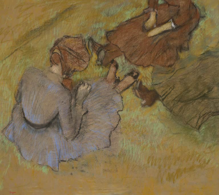 Kunstdruck des Gemäldes Frauen, die auf dem Gras sitzen von Edgar Degas mit mehreren Frauen in einer Landschaftsszene.