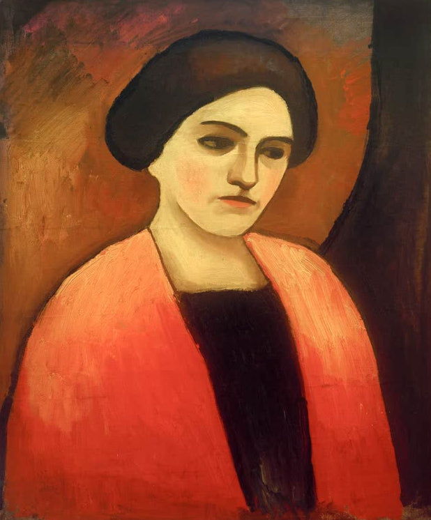 Kunstdruck des Gemäldes „Frauenkopf in Orange und Braun“ von August Macke. Hochwertig in Deutschland von Hand gefertigt, erhältlich als Poster oder Leinwand und optional gerahmt.