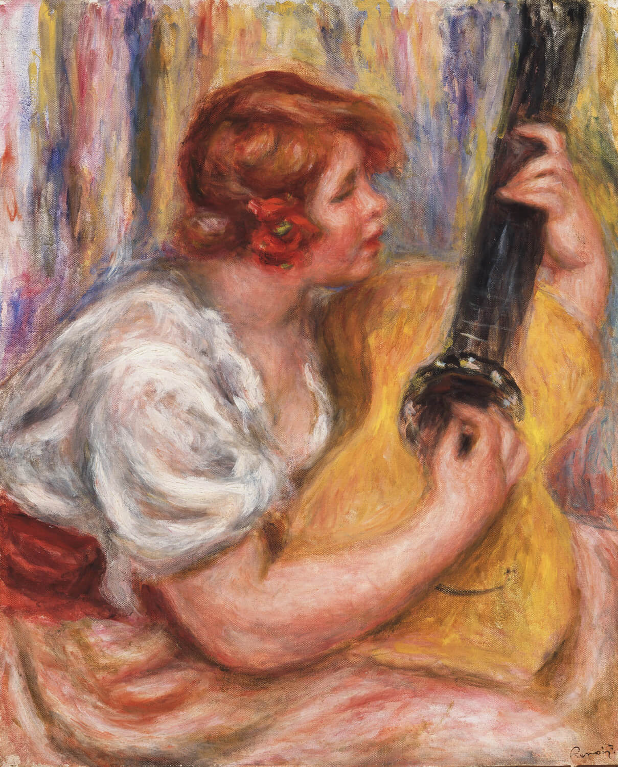 „Woman with a Guitar“ von Pierre-Auguste Renoir zeigt eine junge Frau in einem entspannten Moment, wie sie eine Gitarre hält. Mit lebendigen Farben und sanften Pinselstrichen verkörpert das Gemälde die Impressionistische Bewegung und vermittelt Ruhe und Eleganz.