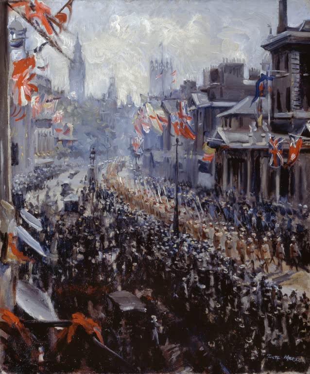 Kunstdruck „Friedensfeiern, indische Truppen marschieren nach Whitehall“ von Dora Meeson mit historischem Truppenzug in London