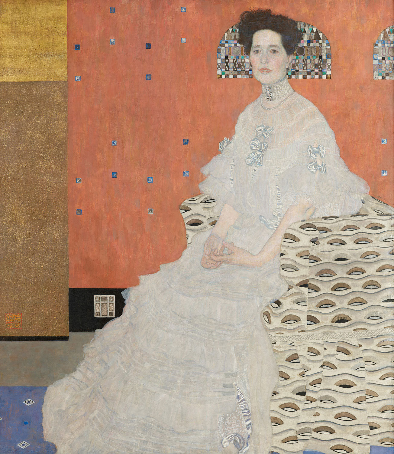 Porträt von Fritza Riedler, Gemälde von Gustav Klimt, 1906, im Stil der Wiener Secession mit eleganten Ornamenten.