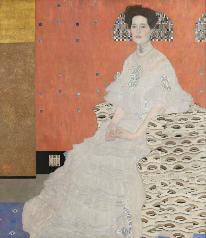 Kunstdruck von „Fritza Riedler“ von Gustav Klimt mit elegantem Porträt und kunstvoller Jugendstil-Ornamentik. In Deutschland von Hand gefertigt, als Leinwand oder Poster erhältlich.
