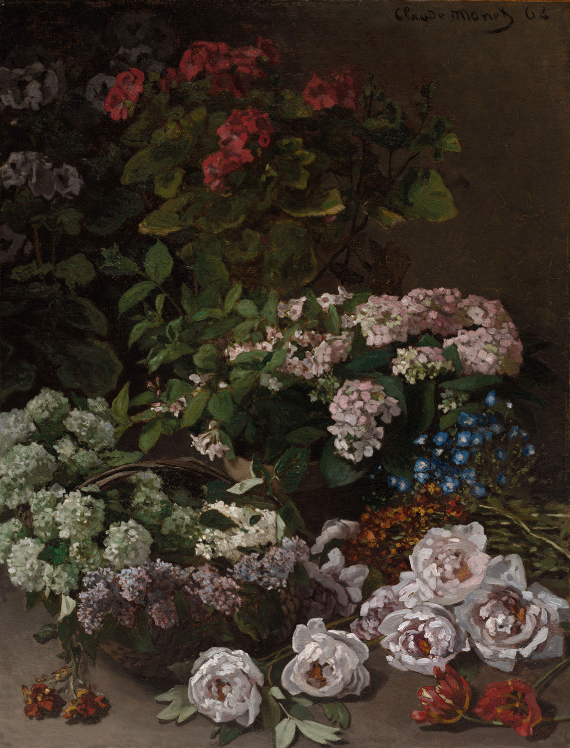 Impressionistisches Stillleben von Claude Monet, das verschiedene Blumenarten zeigt, teils in geflochtenen Körben arrangiert. Die Blumen blühen in lebendigen Farben, von zarten Pastelltönen bis zu kräftigem Rot, und schaffen eine heimelige, frühlingshafte Atmosphäre.
