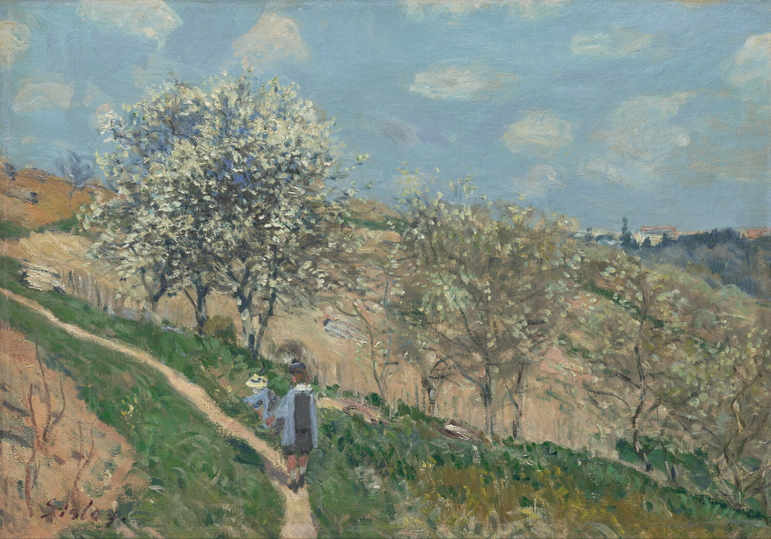 Impressionistisches Gemälde "Frühlingszauber in Bougival " von Alfred Sisley. Eine Frühlingslandschaft mit blühenden Bäumen, gewundenen Wegen und sanften Pastellfarben. Die Licht- und Schattenspiele verleihen dem Bild eine lebendige und harmonische Atmosphäre.