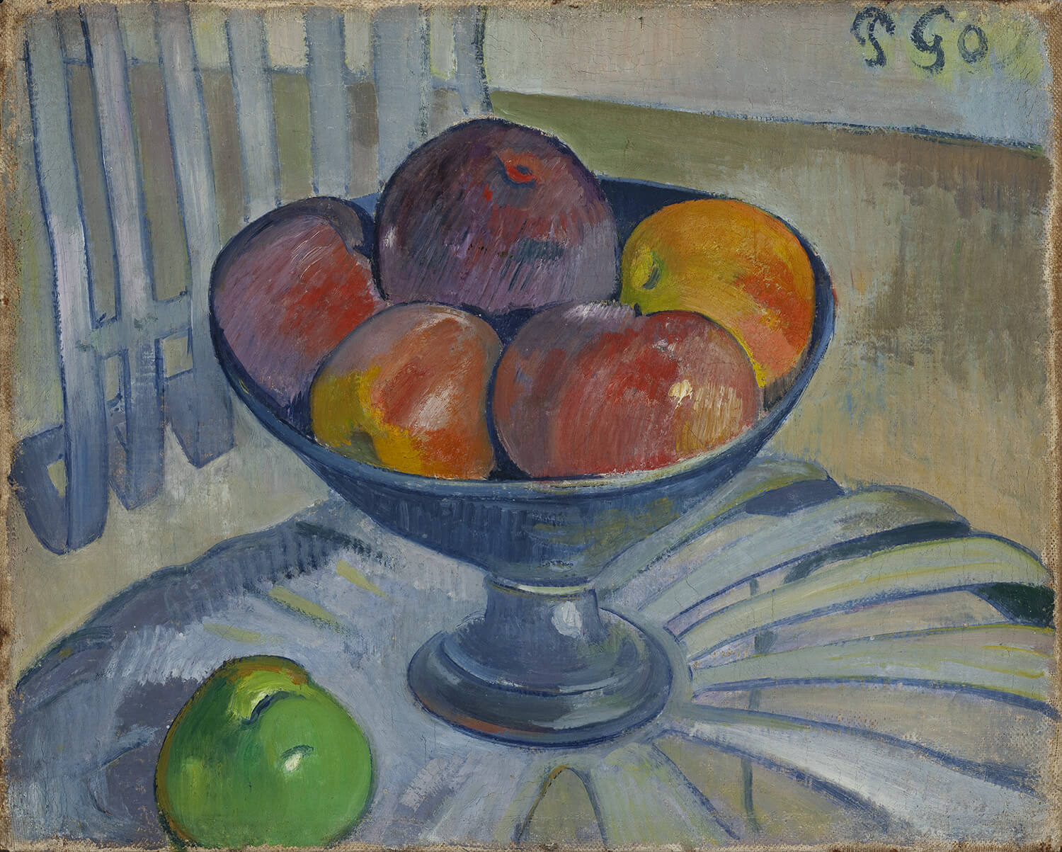 Obstschale auf einem Gartenstuhl von Paul Gauguin, postimpressionistisches Gemälde mit harmonischer Darstellung von Stillleben und der Verbindung zur Natur.